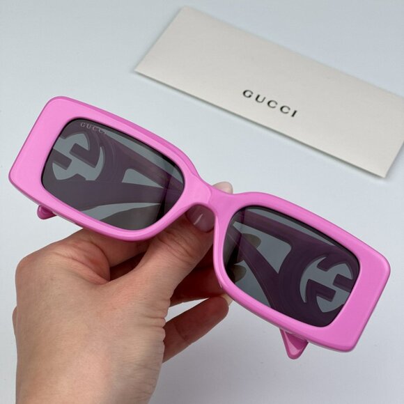 Gucci GG1325S 006 BRAND NEW Sunglasses Pink Grey Rectangle Unisex - Picture 1 of 11